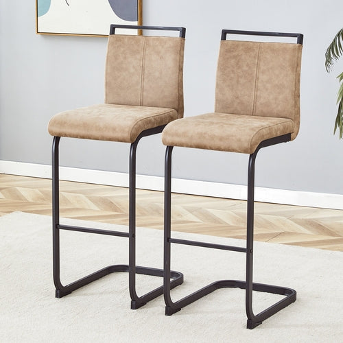 Modern Brown Tech Fabric Bar Stool Set of 2 with Black Metal Legs -