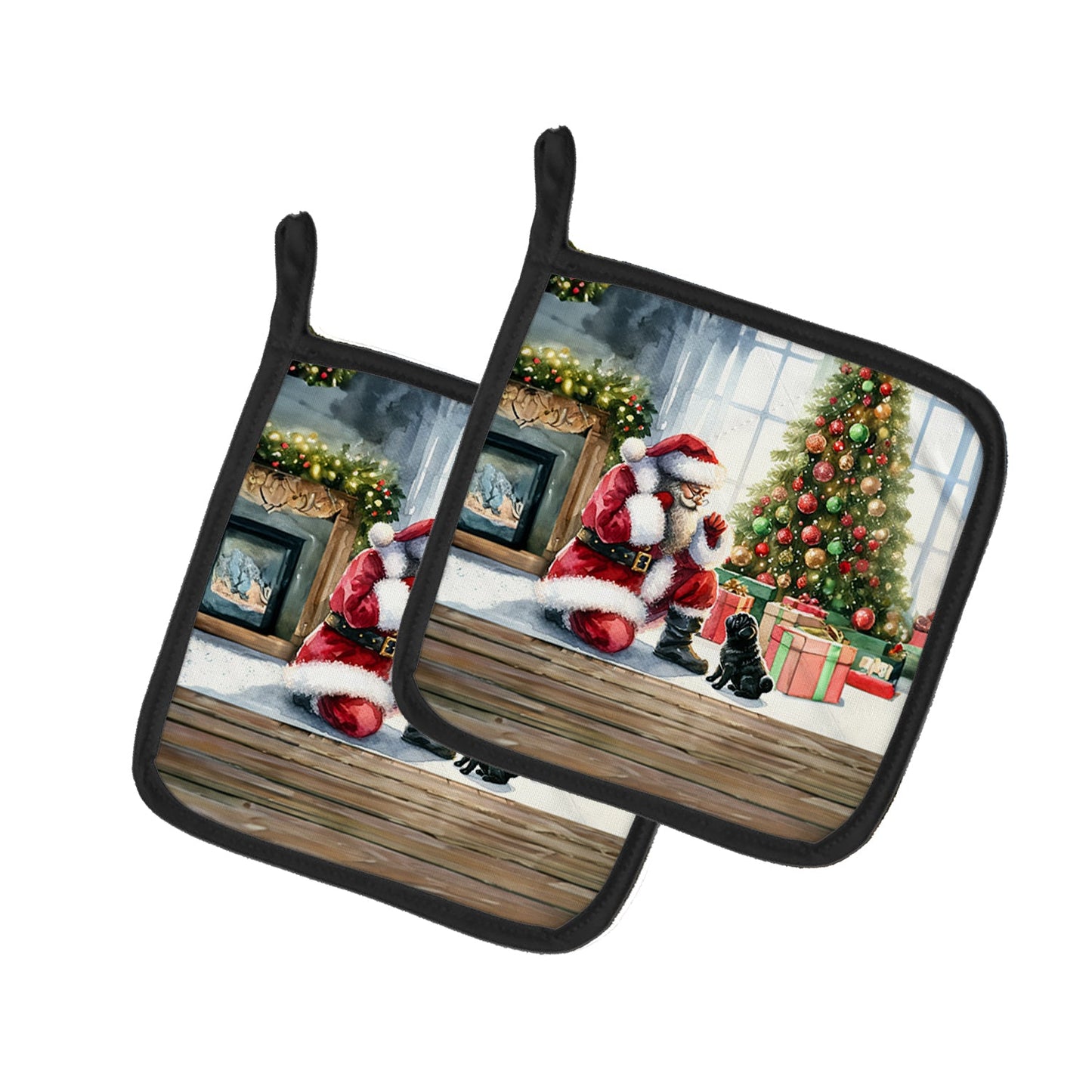 Black Pug and Santa Claus Pair of Pot Holders