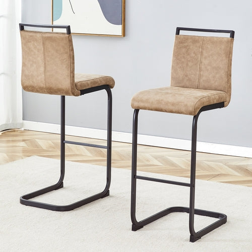 Modern Brown Tech Fabric Bar Stool Set of 2 with Black Metal Legs -